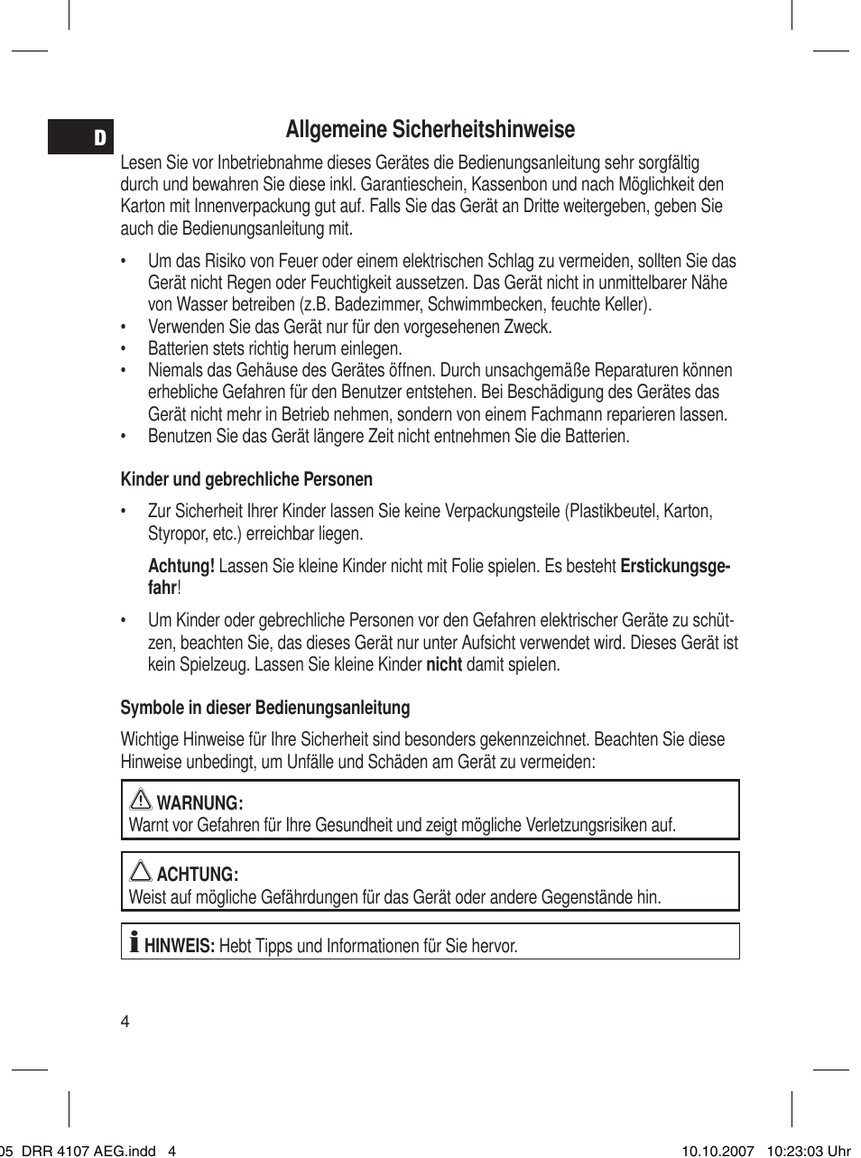 Allgemeine sicherheitshinweise | AEG DRR 4107 User Manual | Page 4 / 62