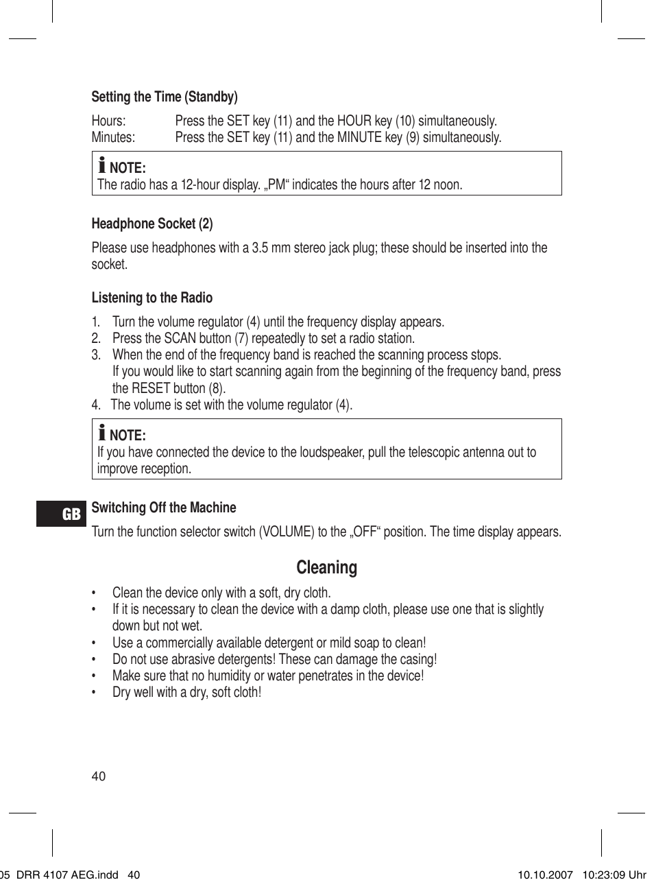 Cleaning | AEG DRR 4107 User Manual | Page 40 / 62