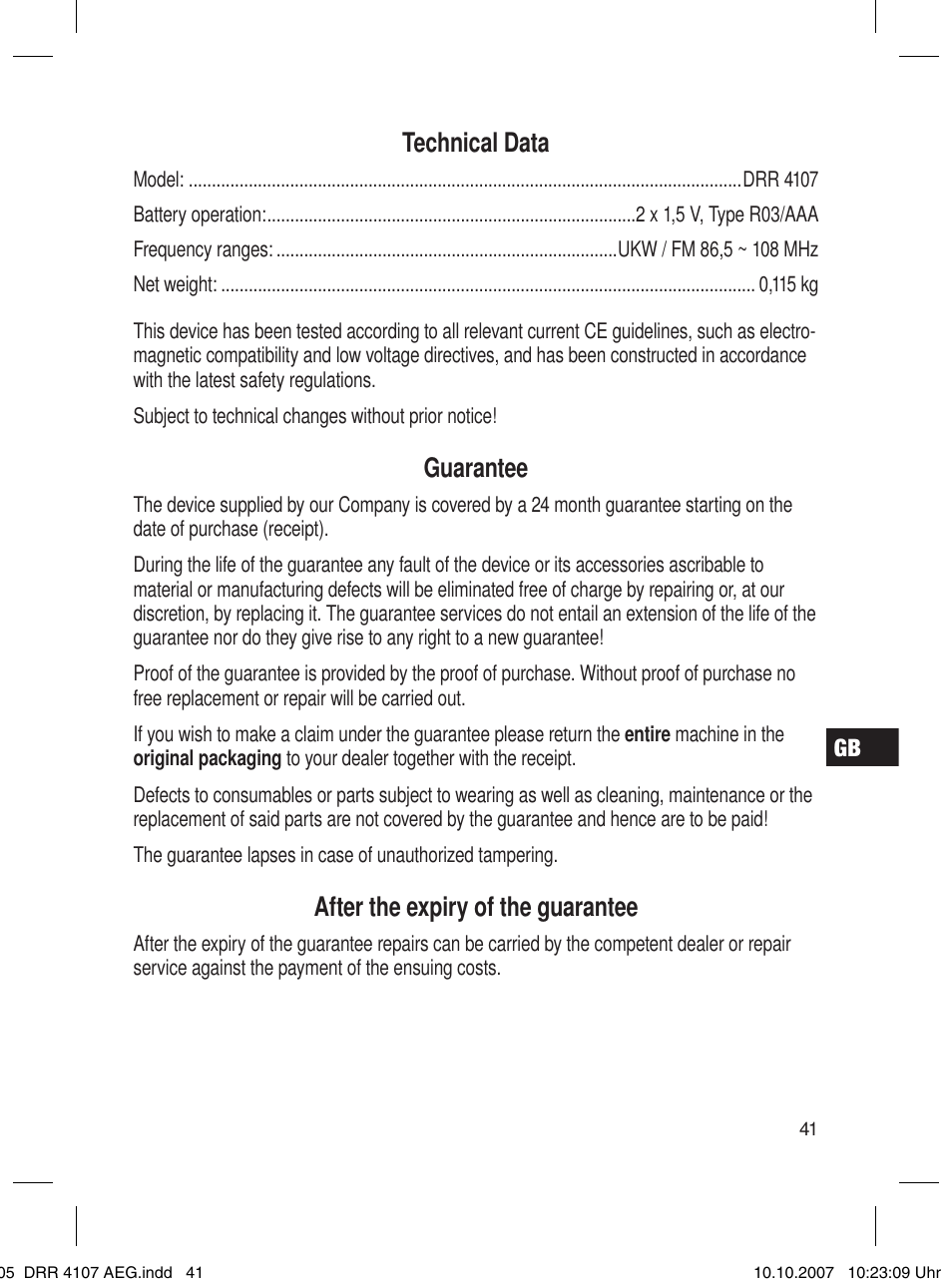 Technical data, Guarantee, After the expiry of the guarantee | AEG DRR 4107 User Manual | Page 41 / 62