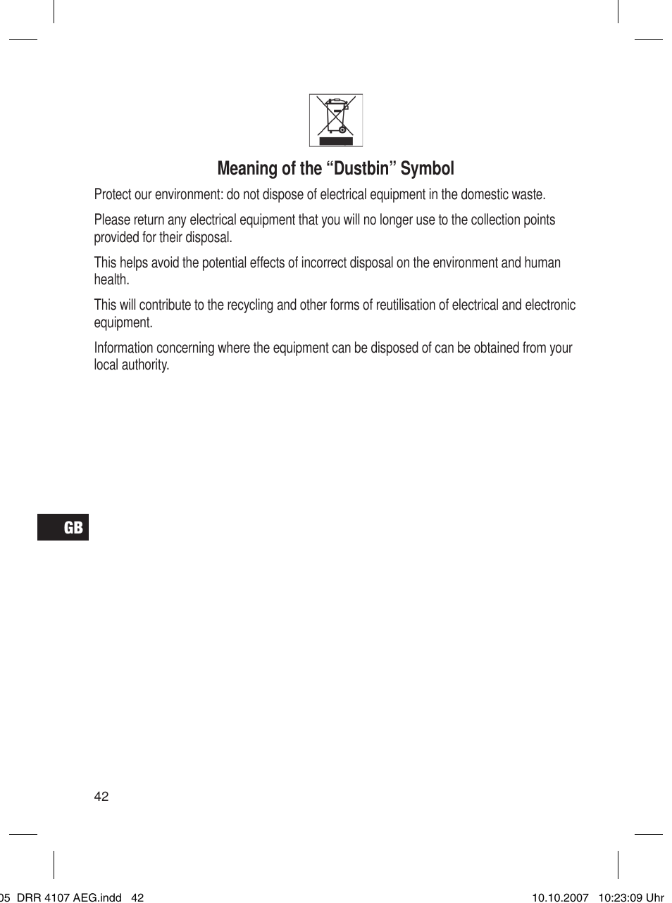 Meaning of the “dustbin” symbol | AEG DRR 4107 User Manual | Page 42 / 62