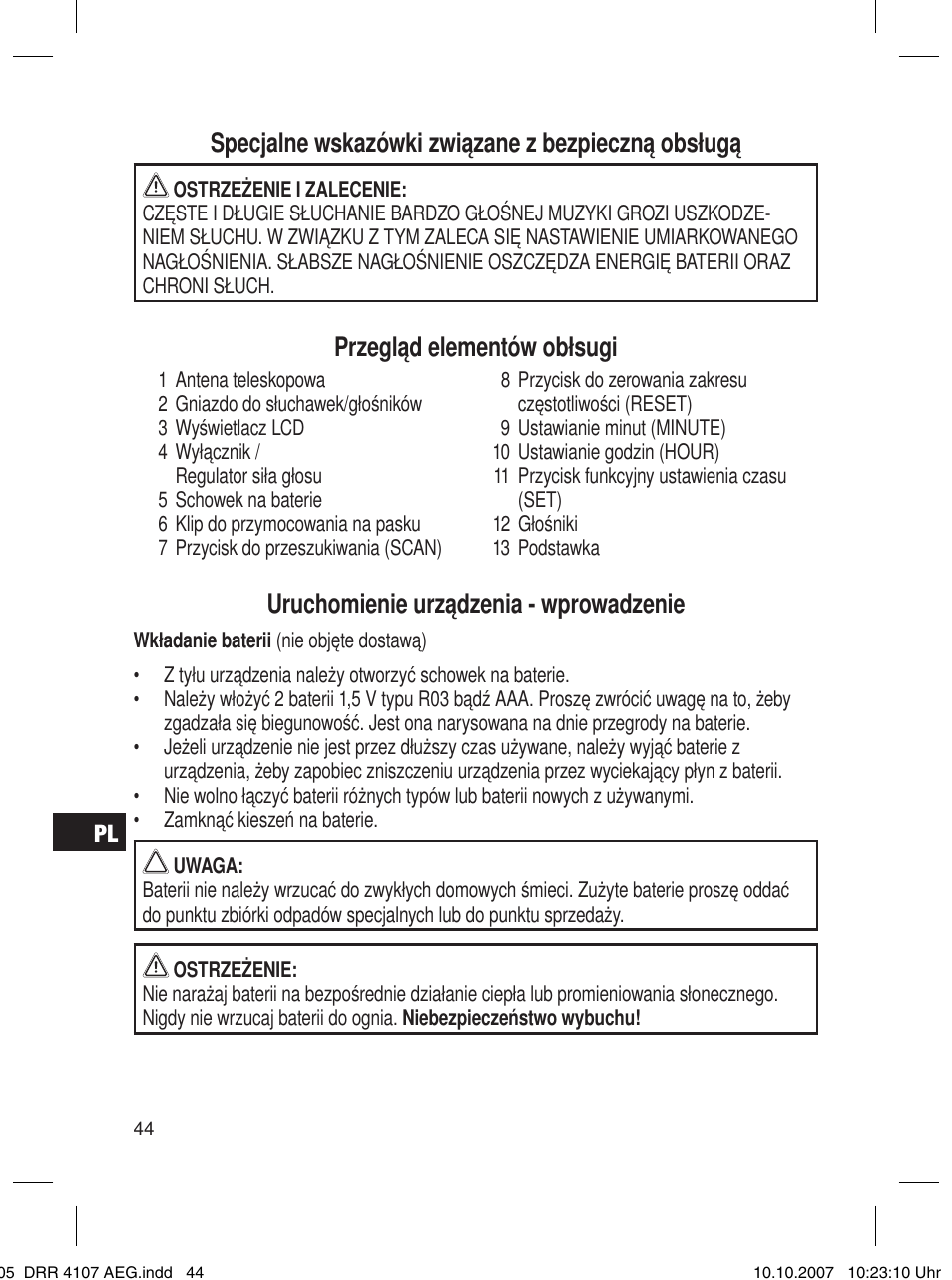 Specjalne wskazówki związane z bezpieczną obsługą, Przegląd elementów obłsugi, Uruchomienie urządzenia - wprowadzenie | AEG DRR 4107 User Manual | Page 44 / 62