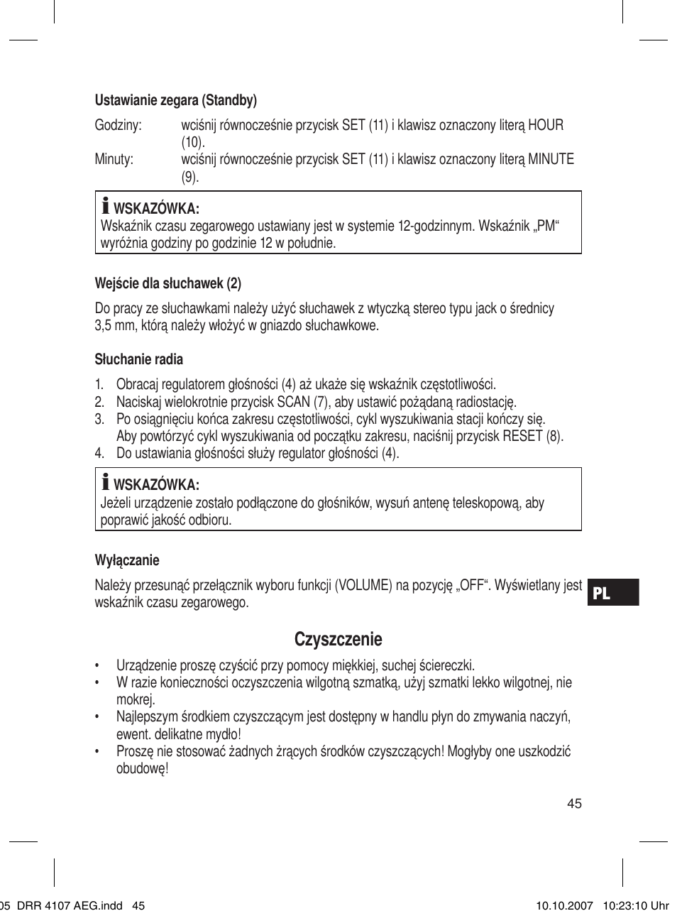 Czyszczenie | AEG DRR 4107 User Manual | Page 45 / 62