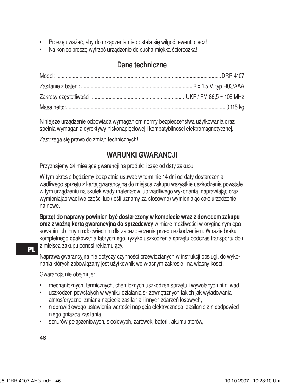 Dane techniczne, Warunki gwarancji | AEG DRR 4107 User Manual | Page 46 / 62