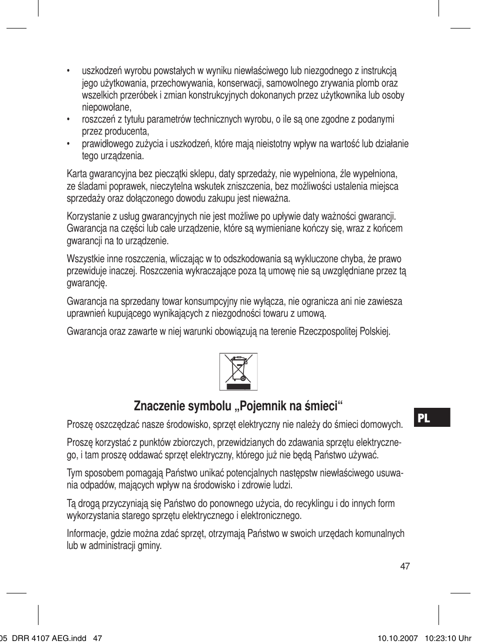 Znaczenie symbolu „pojemnik na śmieci | AEG DRR 4107 User Manual | Page 47 / 62