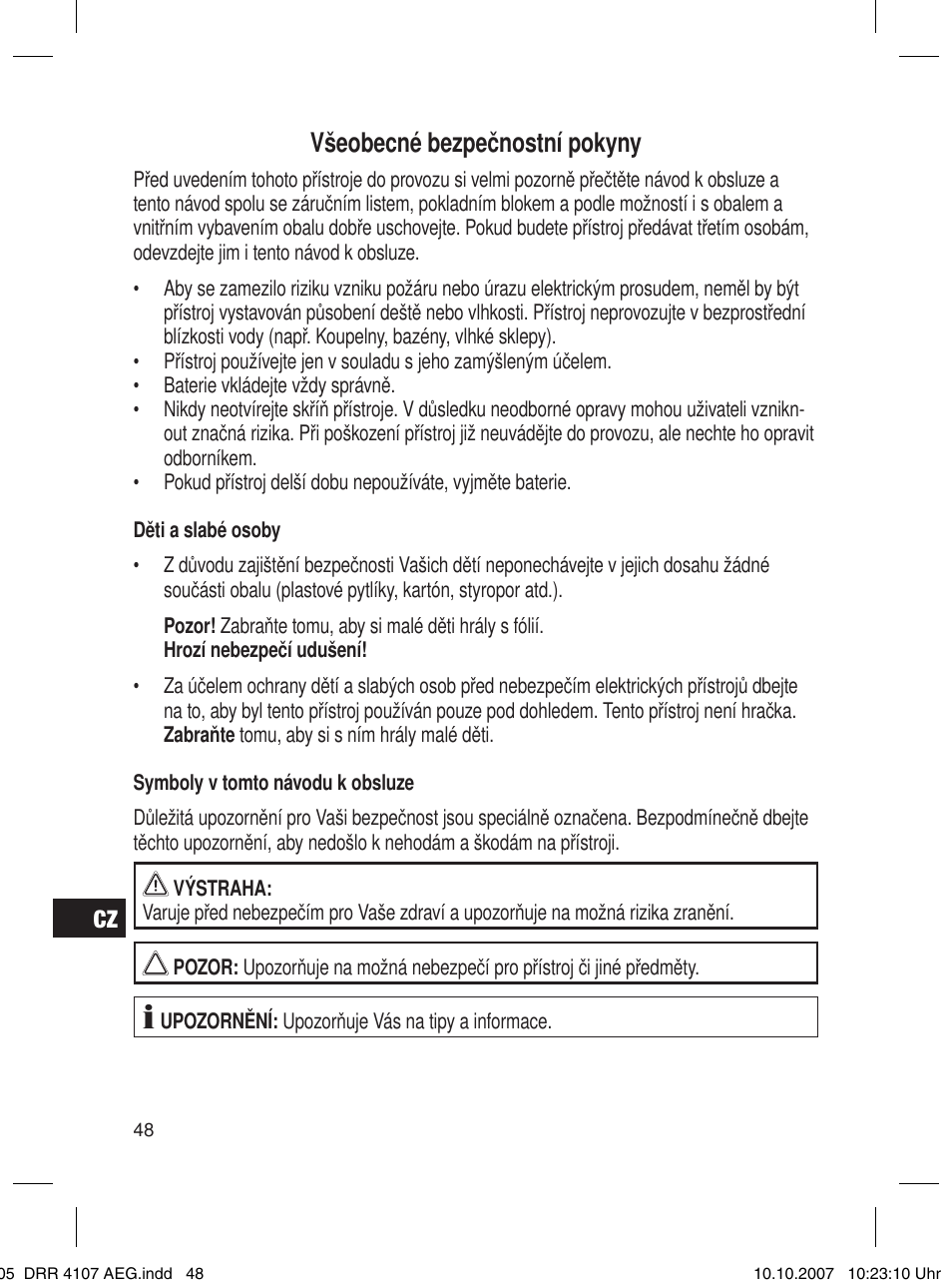 Všeobecné bezpečnostní pokyny | AEG DRR 4107 User Manual | Page 48 / 62