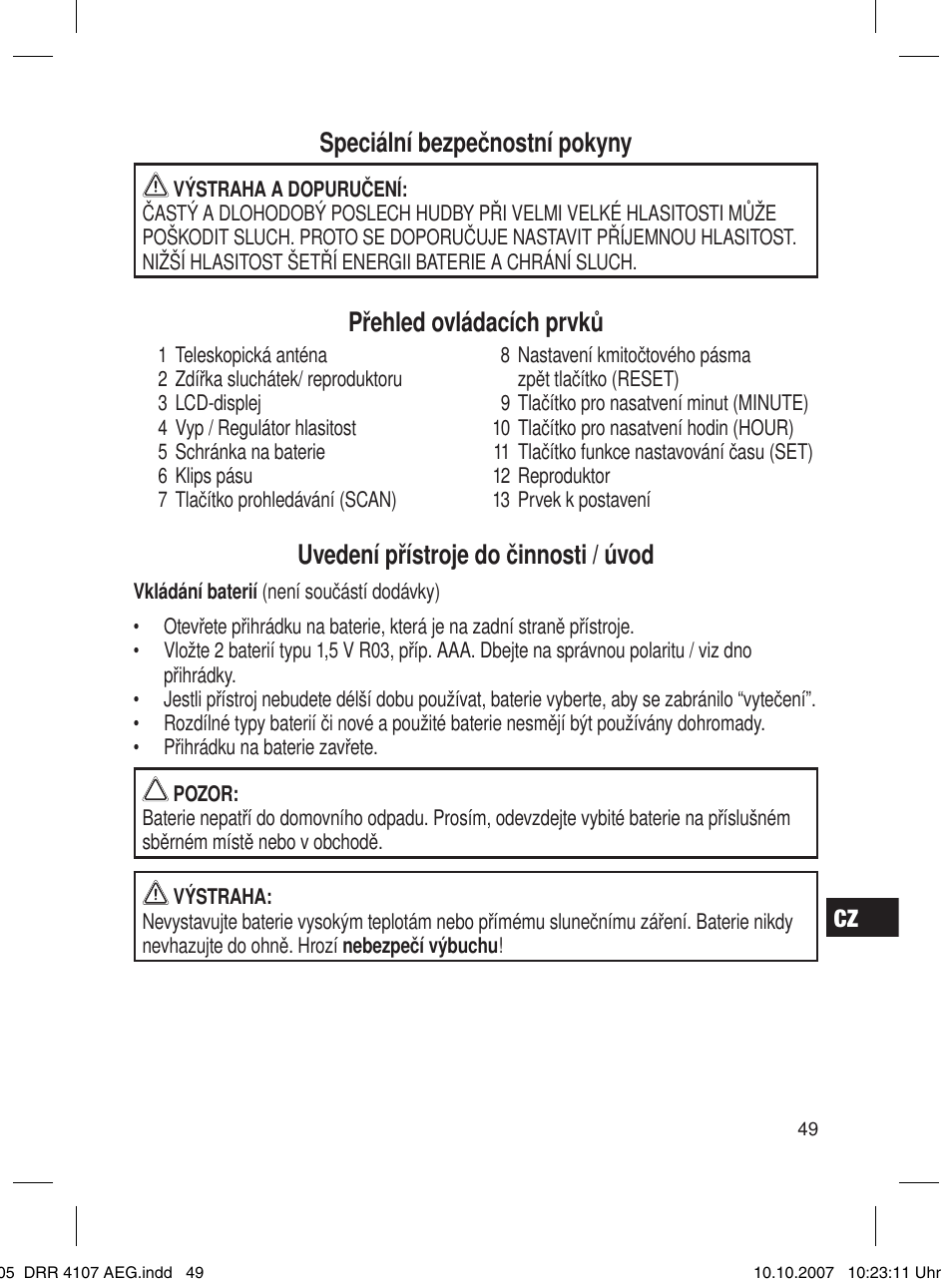 Speciální bezpečnostní pokyny, Přehled ovládacích prvků, Uvedení přístroje do činnosti / úvod | AEG DRR 4107 User Manual | Page 49 / 62