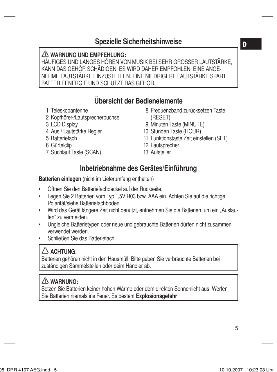 Spezielle sicherheitshinweise, Übersicht der bedienelemente, Inbetriebnahme des gerätes/einführung | AEG DRR 4107 User Manual | Page 5 / 62