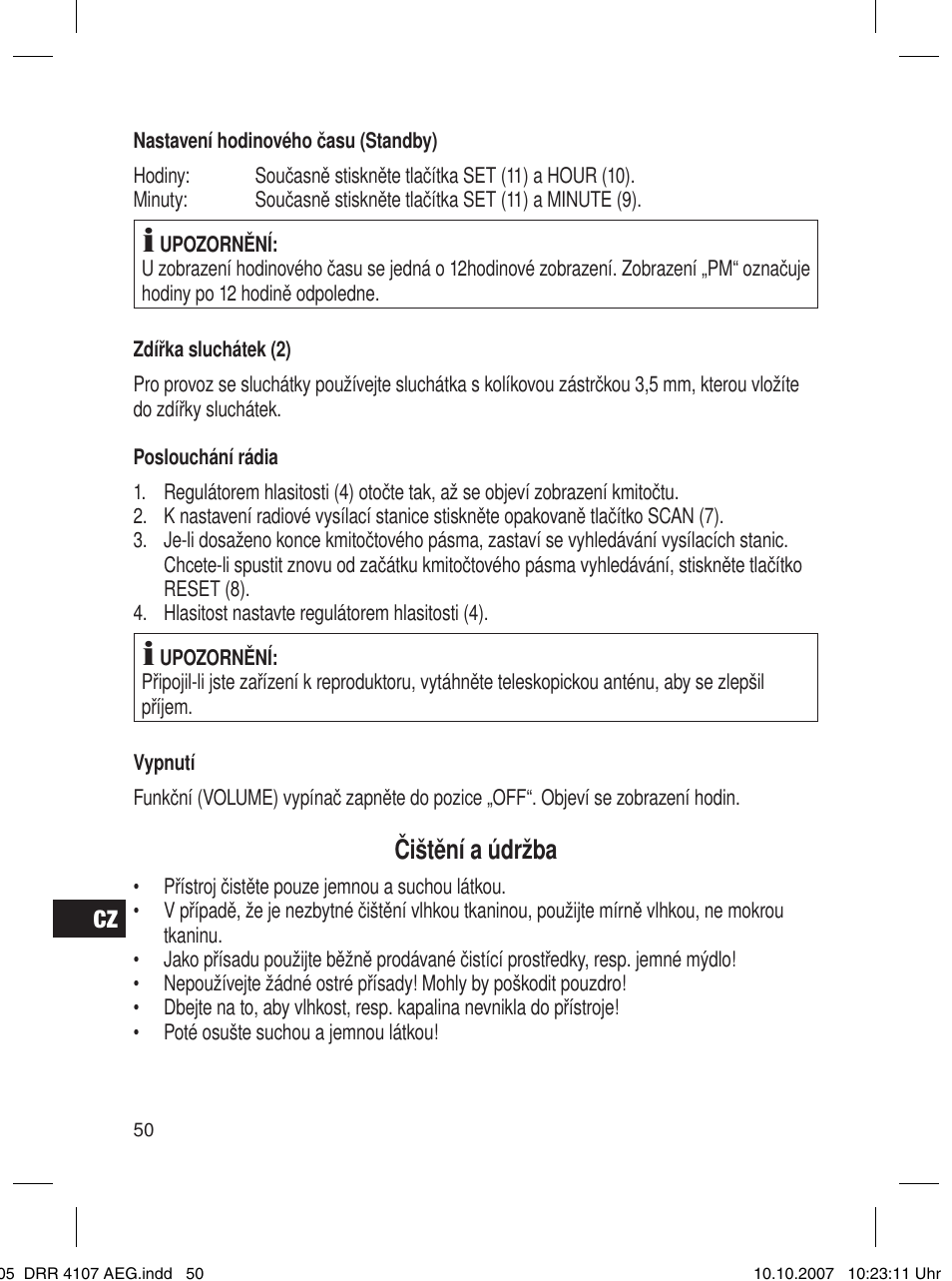 Čištění a údržba | AEG DRR 4107 User Manual | Page 50 / 62