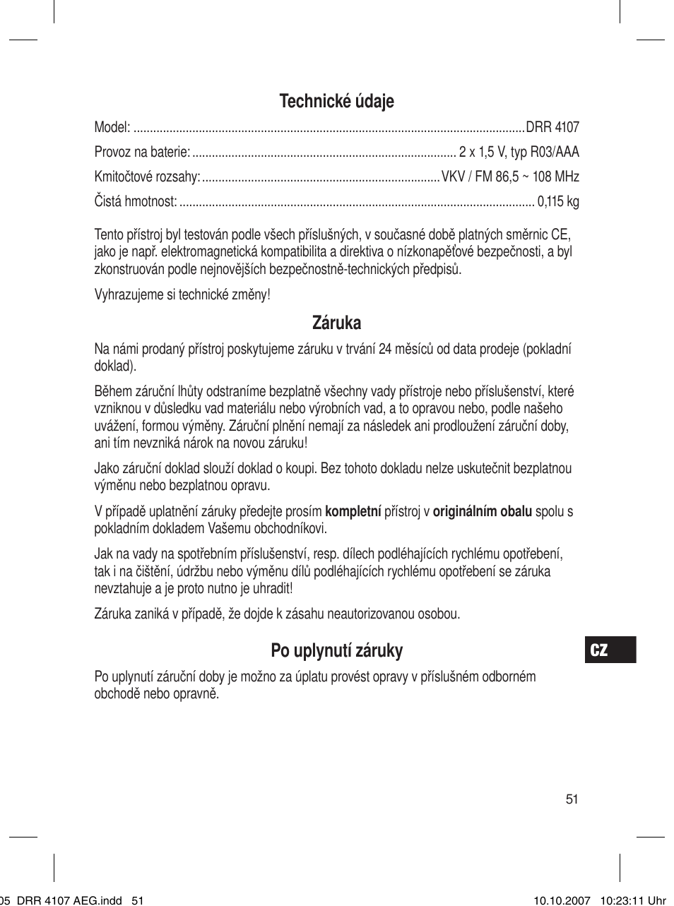 Technické údaje, Záruka, Po uplynutí záruky | AEG DRR 4107 User Manual | Page 51 / 62