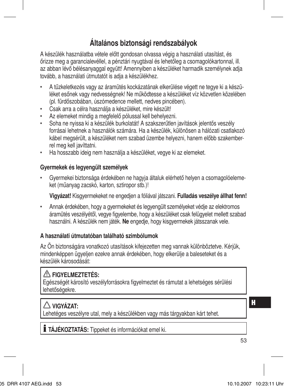 Általános biztonsági rendszabályok | AEG DRR 4107 User Manual | Page 53 / 62