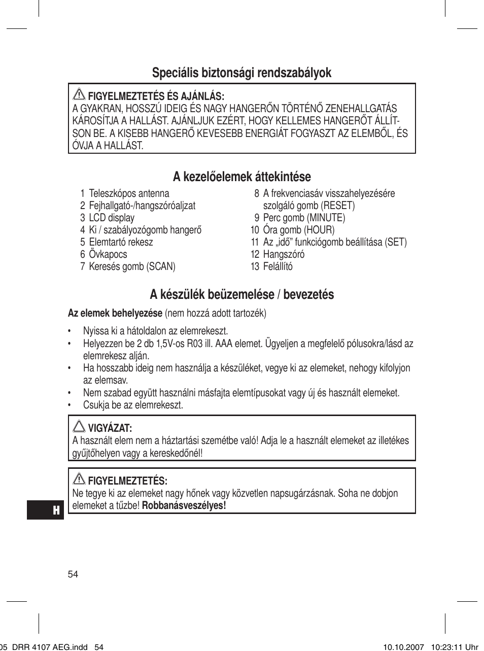 Speciális biztonsági rendszabályok, A kezelőelemek áttekintése, A készülék beüzemelése / bevezetés | AEG DRR 4107 User Manual | Page 54 / 62