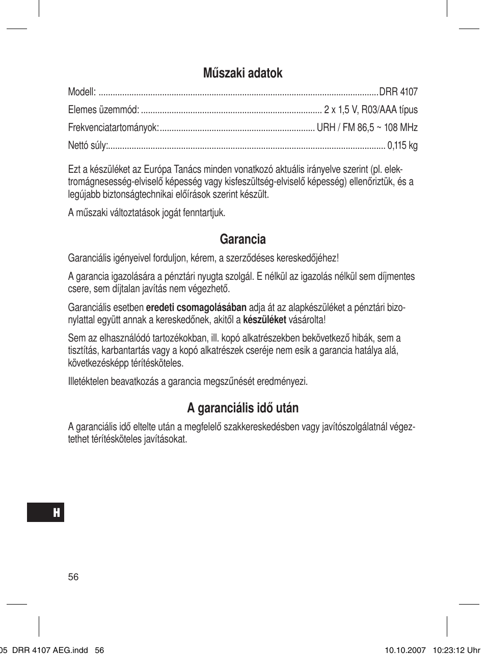 Műszaki adatok, Garancia, A garanciális idő után | AEG DRR 4107 User Manual | Page 56 / 62