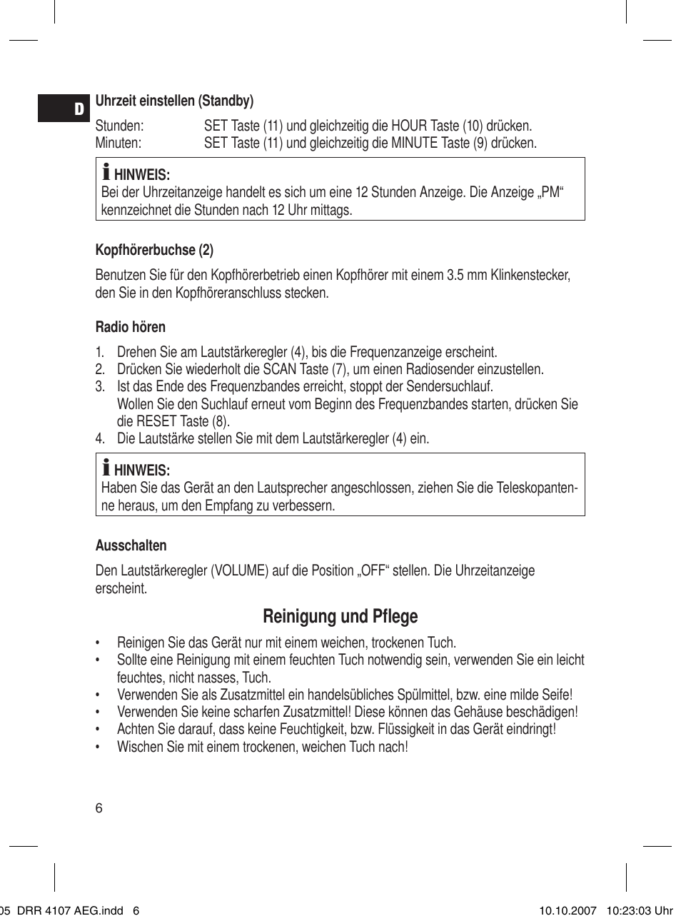 Reinigung und pﬂ ege | AEG DRR 4107 User Manual | Page 6 / 62