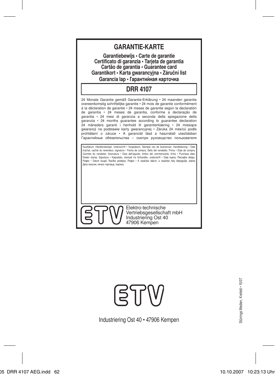 Garantie-karte, Drr 4107 | AEG DRR 4107 User Manual | Page 62 / 62