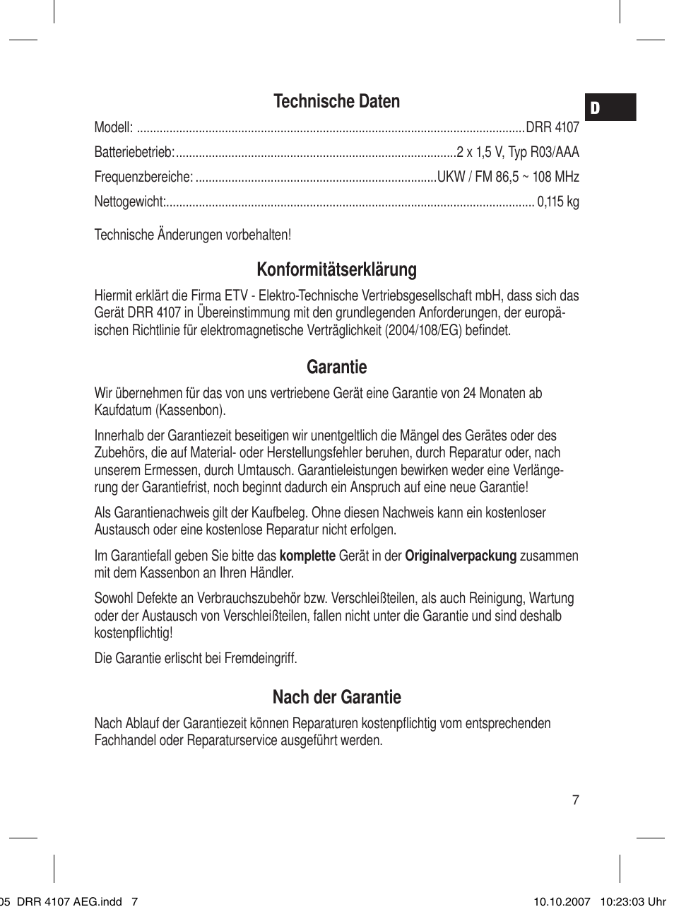 Technische daten, Konformitätserklärung, Garantie | Nach der garantie | AEG DRR 4107 User Manual | Page 7 / 62