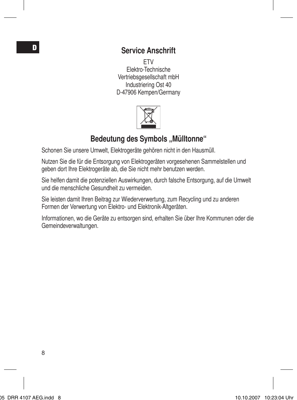 Service anschrift, Bedeutung des symbols „mülltonne | AEG DRR 4107 User Manual | Page 8 / 62