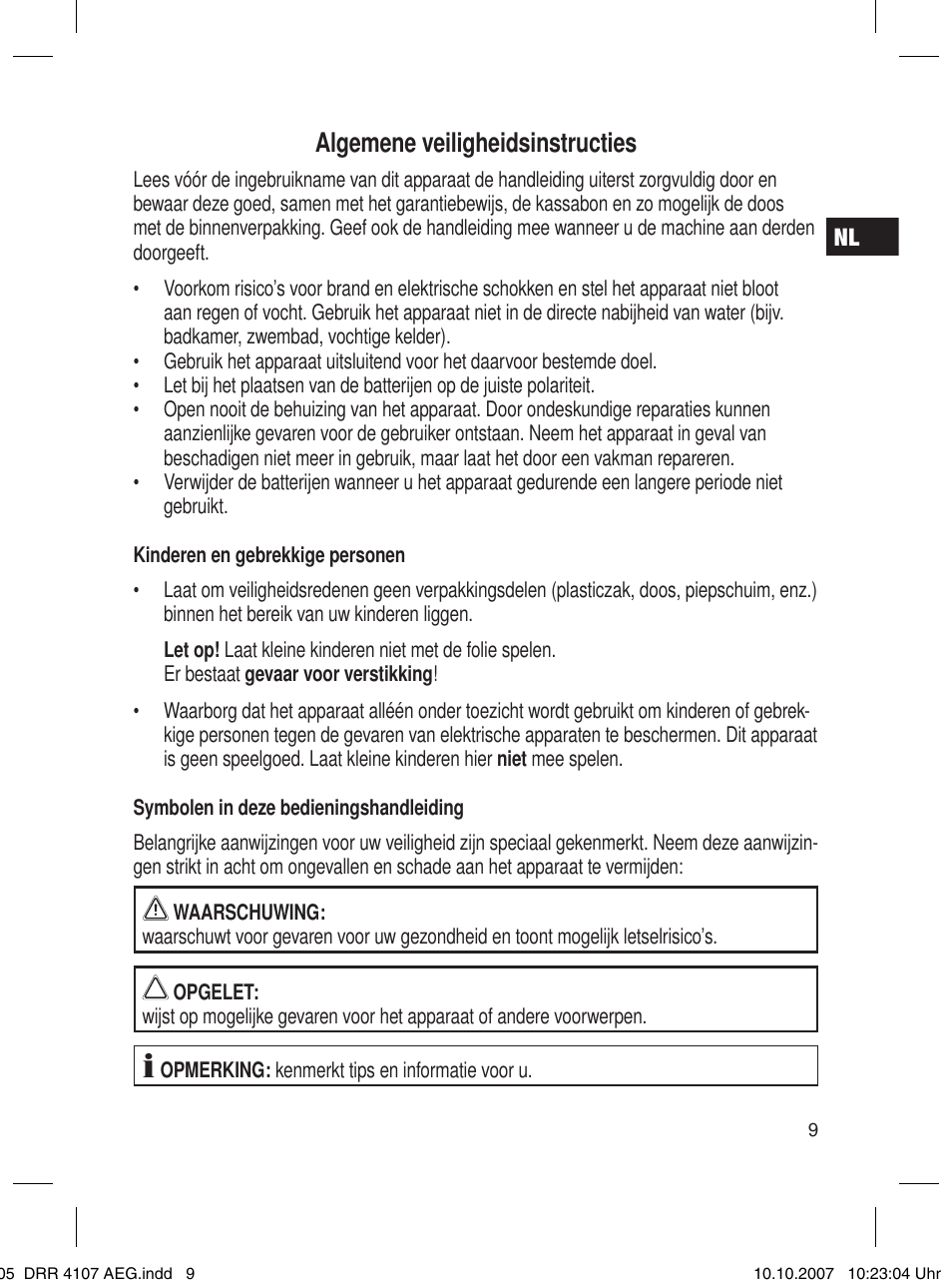 Algemene veiligheidsinstructies | AEG DRR 4107 User Manual | Page 9 / 62