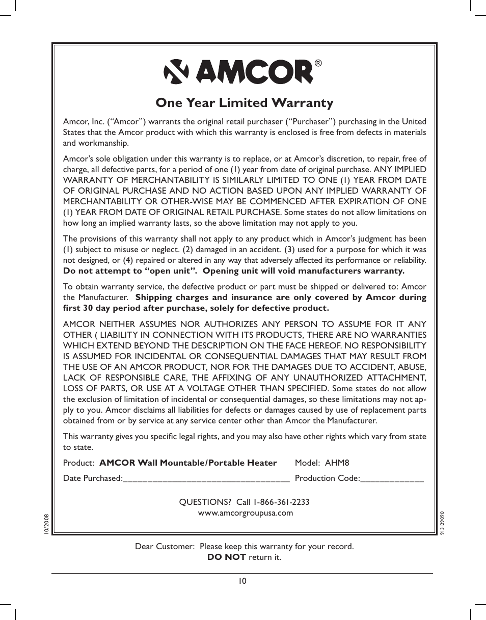 One year limited warranty | Amcor AMH8 User Manual | Page 12 / 36