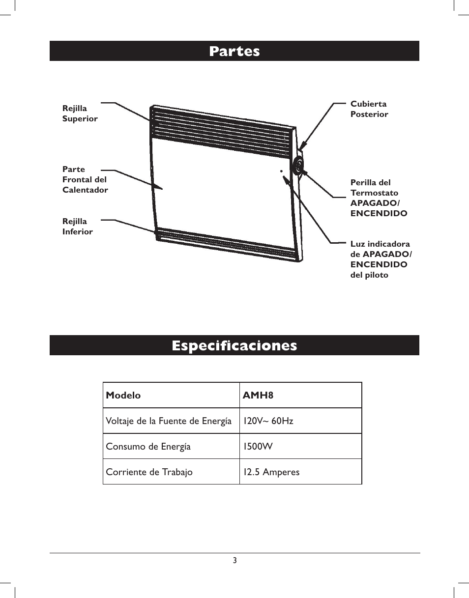 Especifi caciones, Partes | Amcor AMH8 User Manual | Page 17 / 36