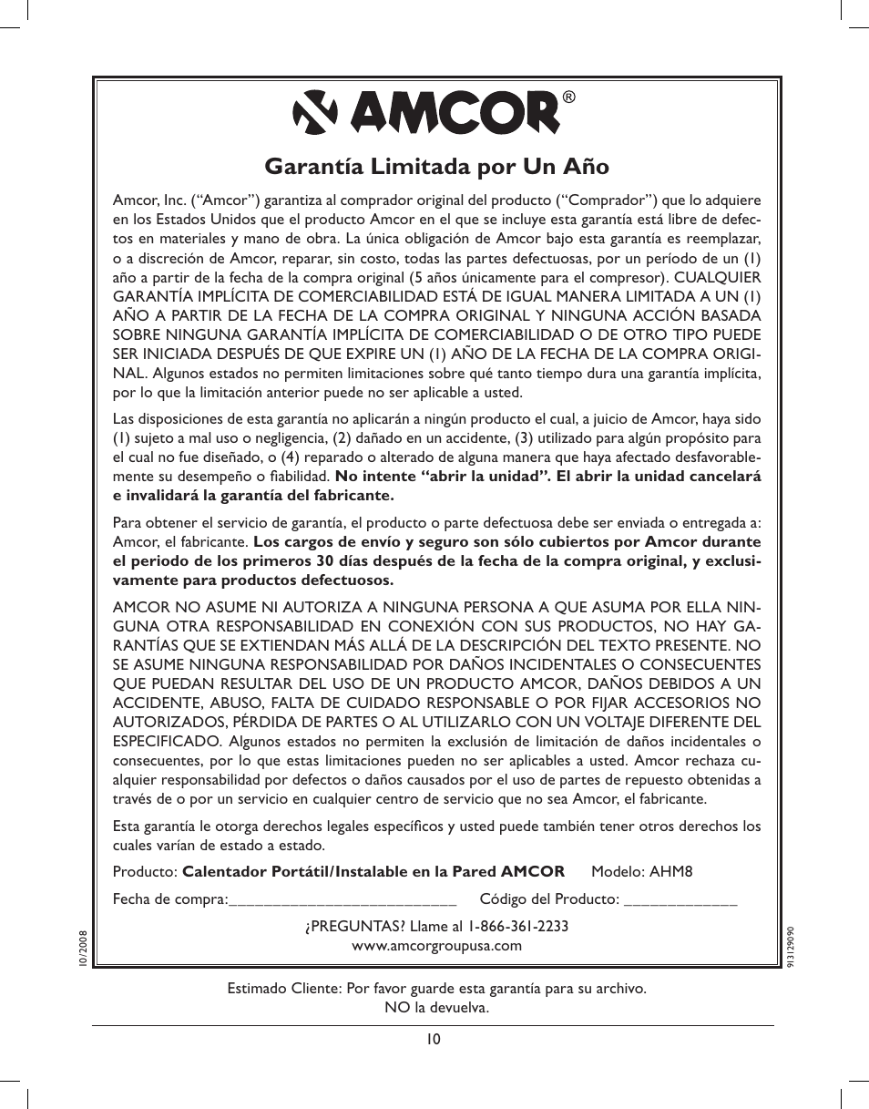 Garantía limitada por un año | Amcor AMH8 User Manual | Page 24 / 36