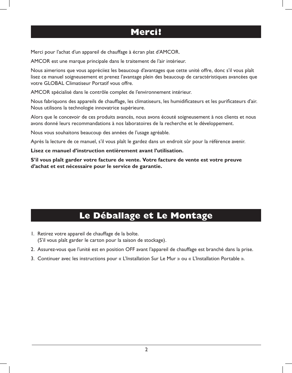 Merci, Le déballage et le montage | Amcor AMH8 User Manual | Page 28 / 36