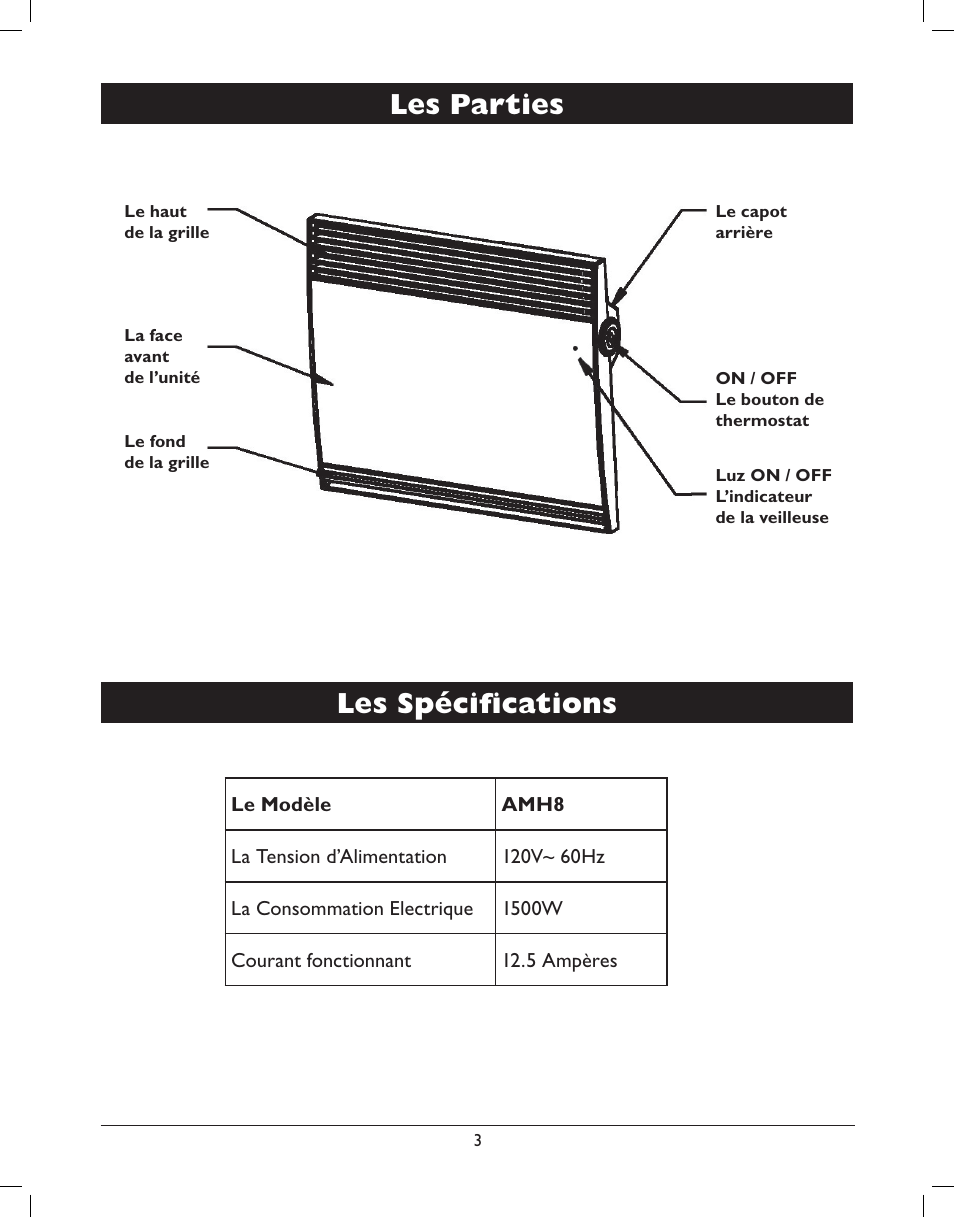 Les spécifi cations, Les parties | Amcor AMH8 User Manual | Page 29 / 36