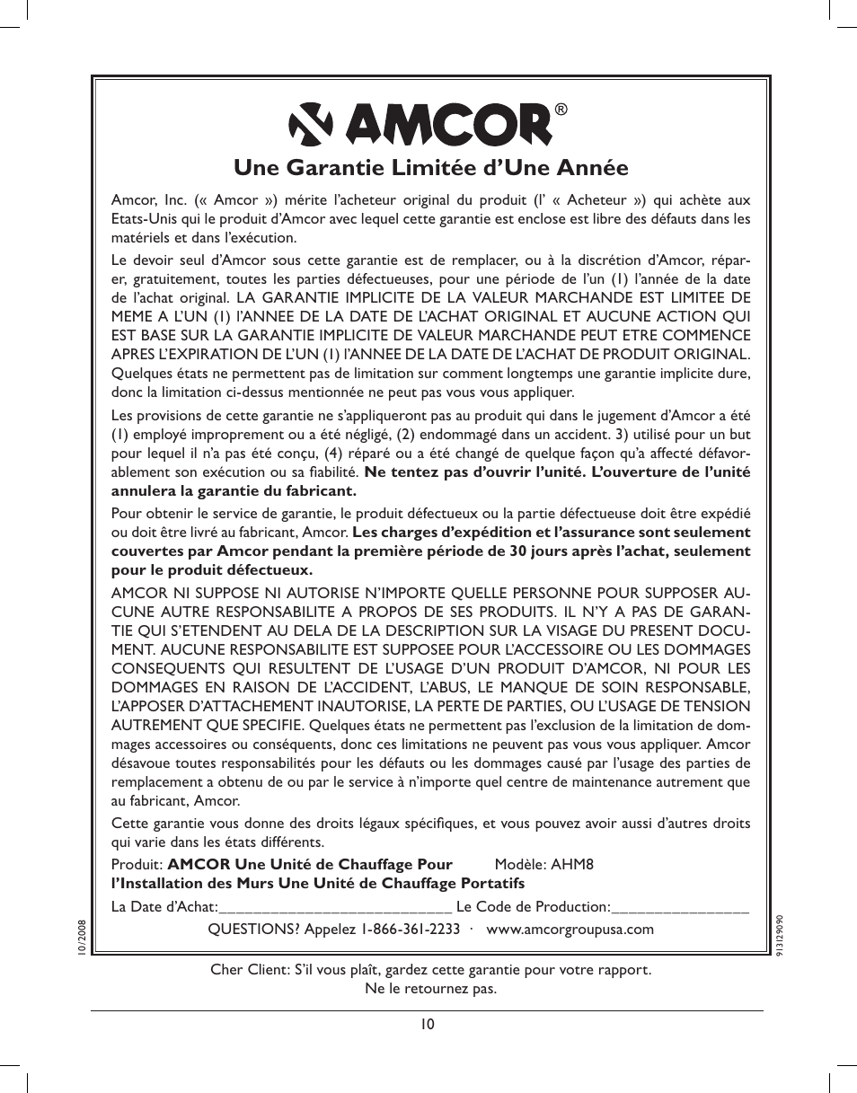 Une garantie limitée d’une année | Amcor AMH8 User Manual | Page 36 / 36