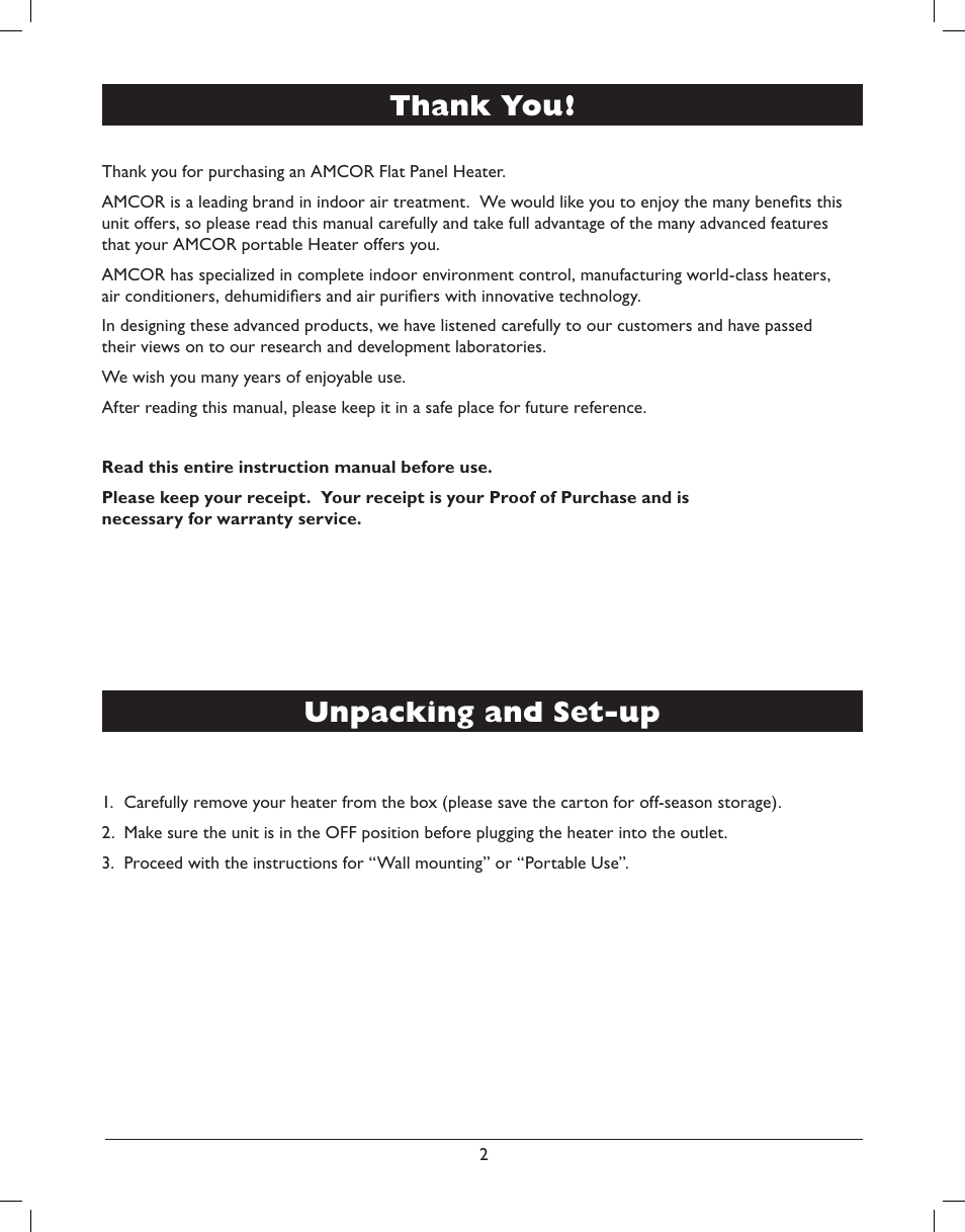 Unpacking and set-up | Amcor AMH8 User Manual | Page 4 / 36