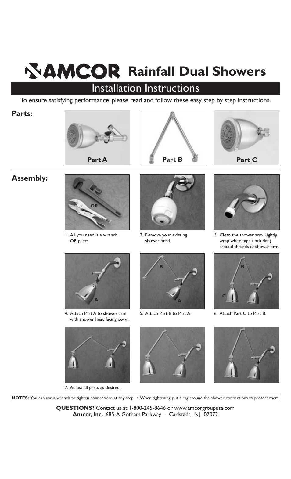 Rainfall dual showers, Installation instructions, Assembly | Parts | Amcor Rainfall Dual Showers User Manual | Page 2 / 2