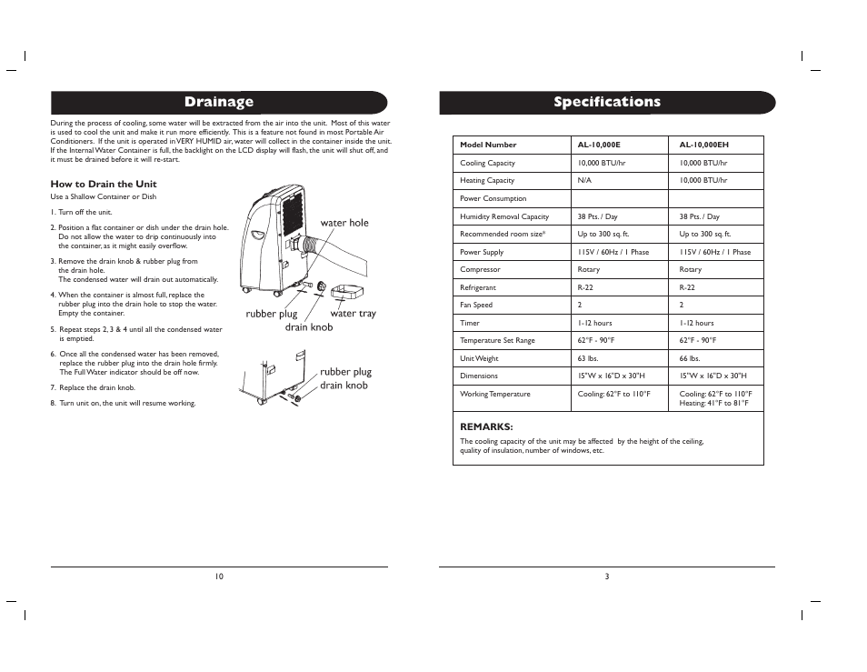 Specifications, Drainage | Amcor 000E AL-10 User Manual | Page 3 / 8