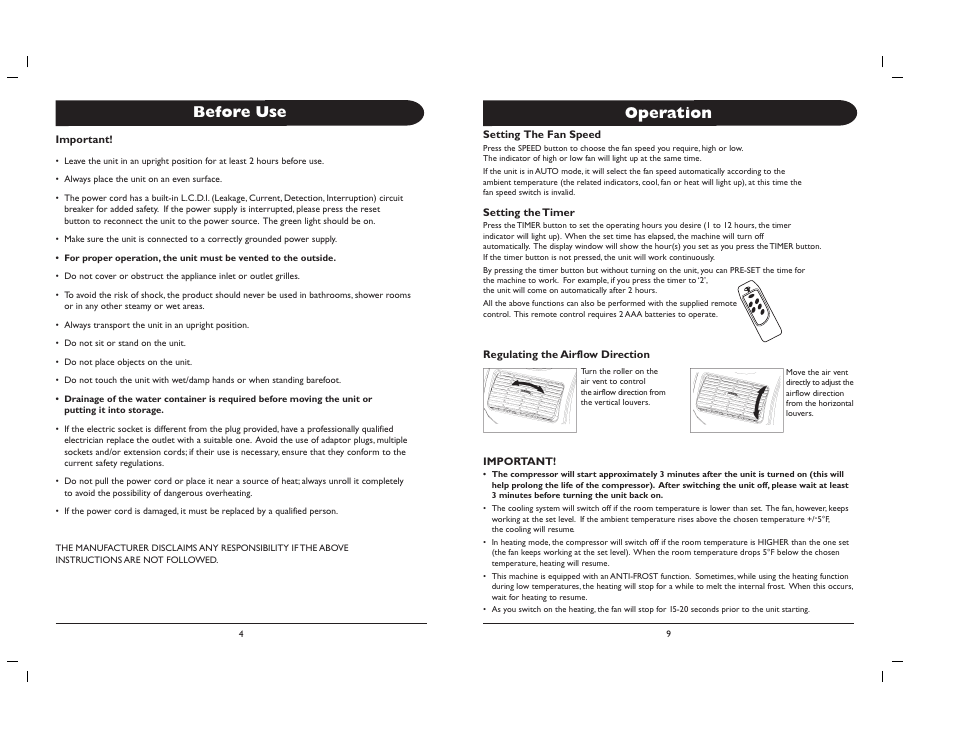 Before use, Operation | Amcor 000E AL-10 User Manual | Page 6 / 8