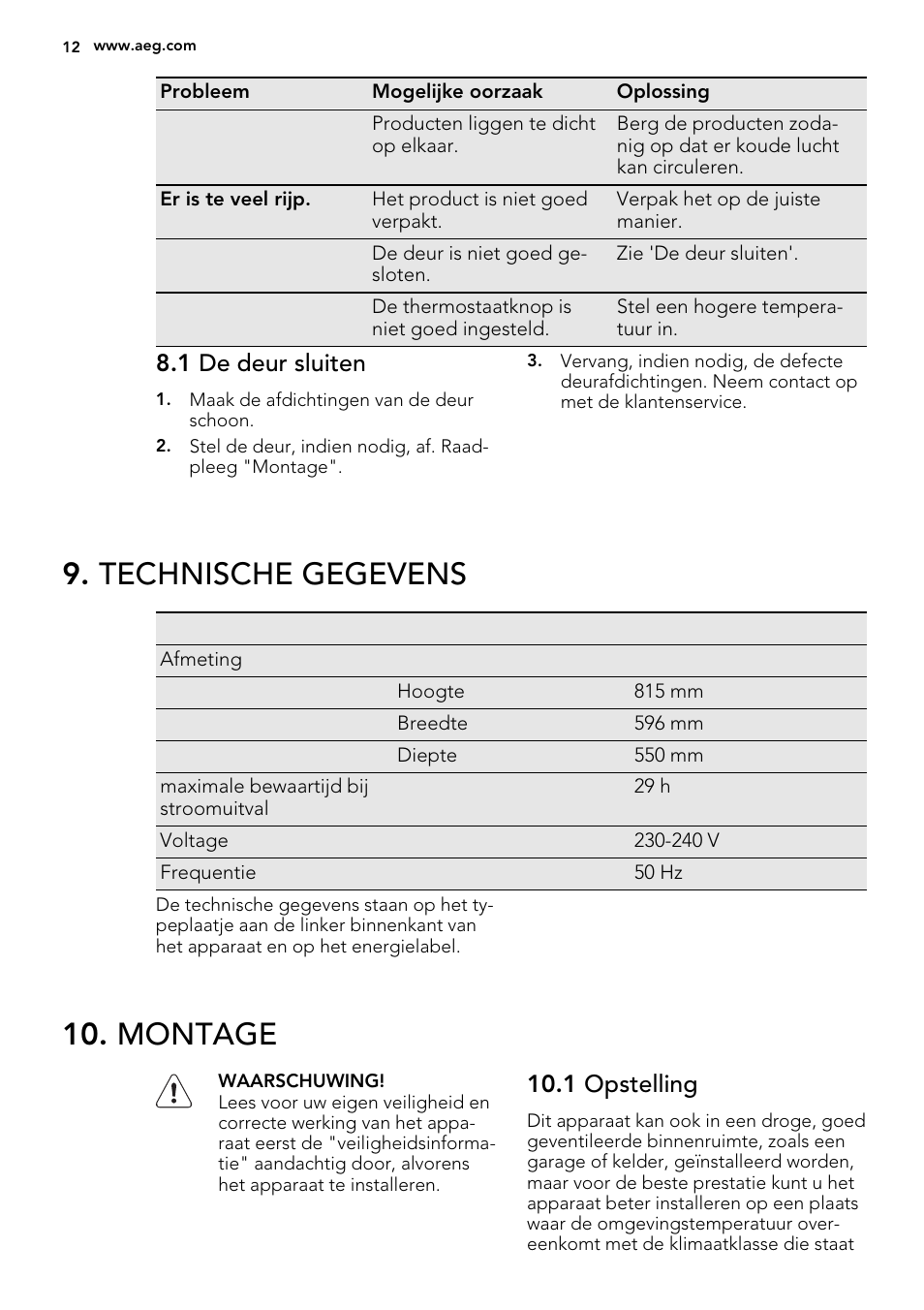 Technische gegevens, Montage, 1 de deur sluiten | 1 opstelling | AEG AGS57200S0 User Manual | Page 12 / 60