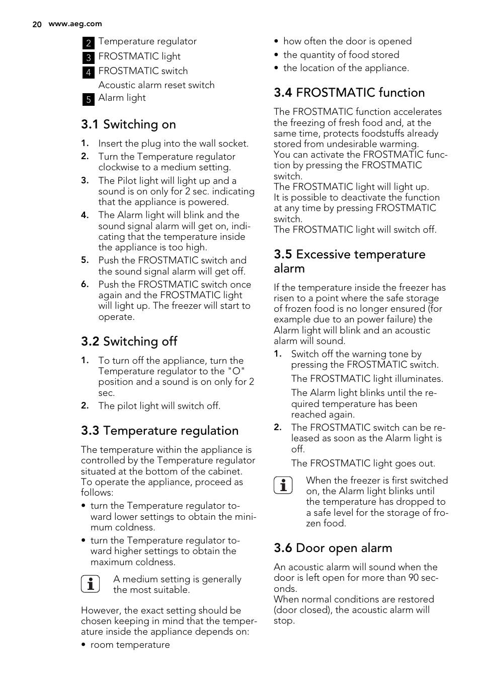 1 switching on, 2 switching off, 3 temperature regulation | 4 frostmatic function, 5 excessive temperature alarm, 6 door open alarm | AEG AGS57200S0 User Manual | Page 20 / 60