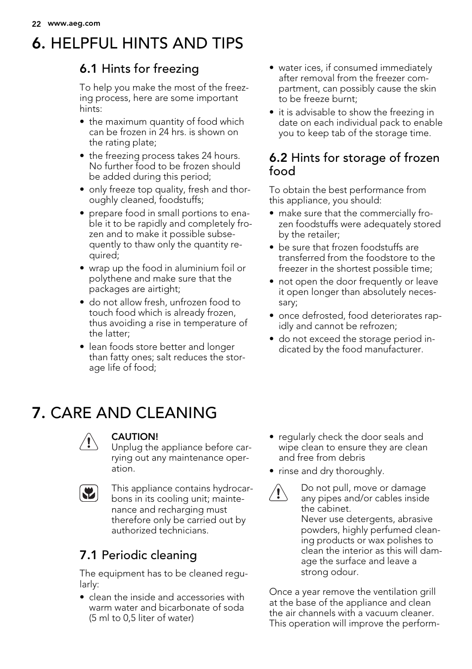 Helpful hints and tips, Care and cleaning, 1 hints for freezing | 2 hints for storage of frozen food, 1 periodic cleaning | AEG AGS57200S0 User Manual | Page 22 / 60