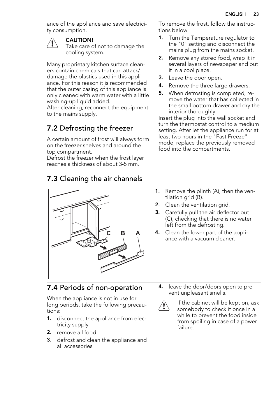 2 defrosting the freezer, 3 cleaning the air channels, 4 periods of non-operation | AEG AGS57200S0 User Manual | Page 23 / 60