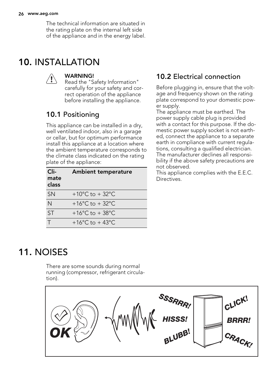 Installation, Noises | AEG AGS57200S0 User Manual | Page 26 / 60