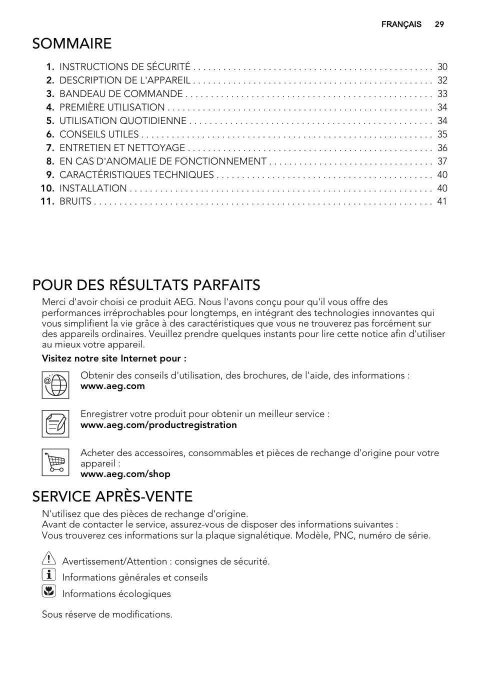 Sommaire, Pour des résultats parfaits, Service après-vente | AEG AGS57200S0 User Manual | Page 29 / 60