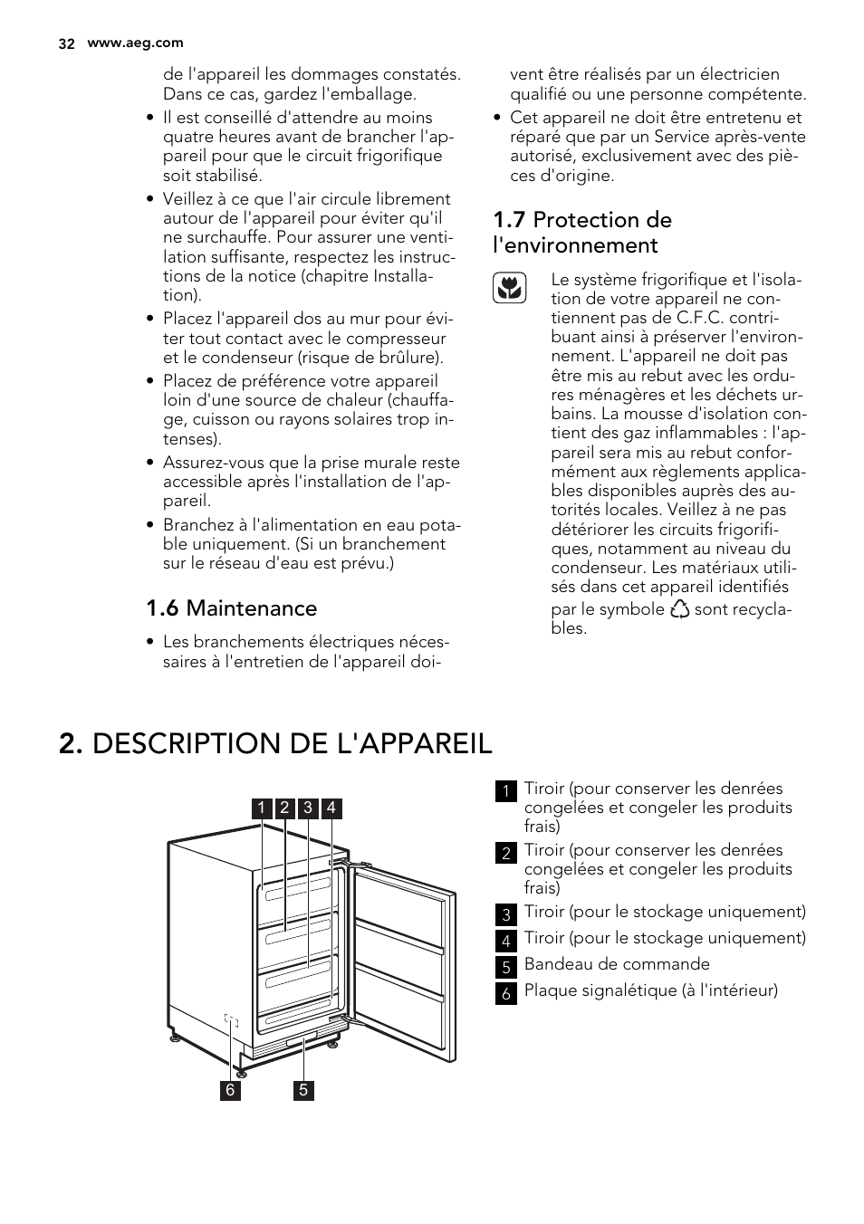 Description de l'appareil, 6 maintenance, 7 protection de l'environnement | AEG AGS57200S0 User Manual | Page 32 / 60