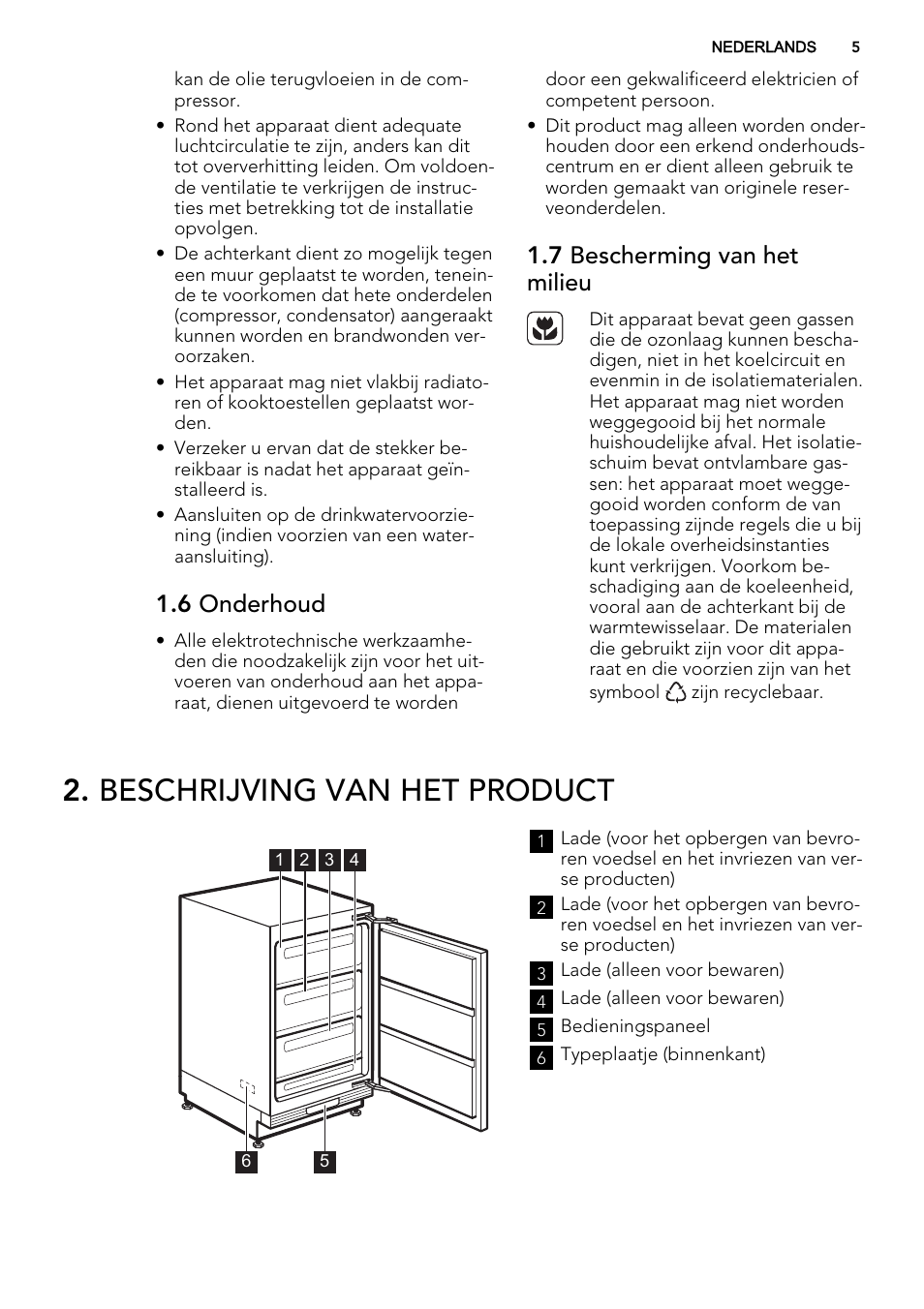 Beschrijving van het product, 6 onderhoud, 7 bescherming van het milieu | AEG AGS57200S0 User Manual | Page 5 / 60