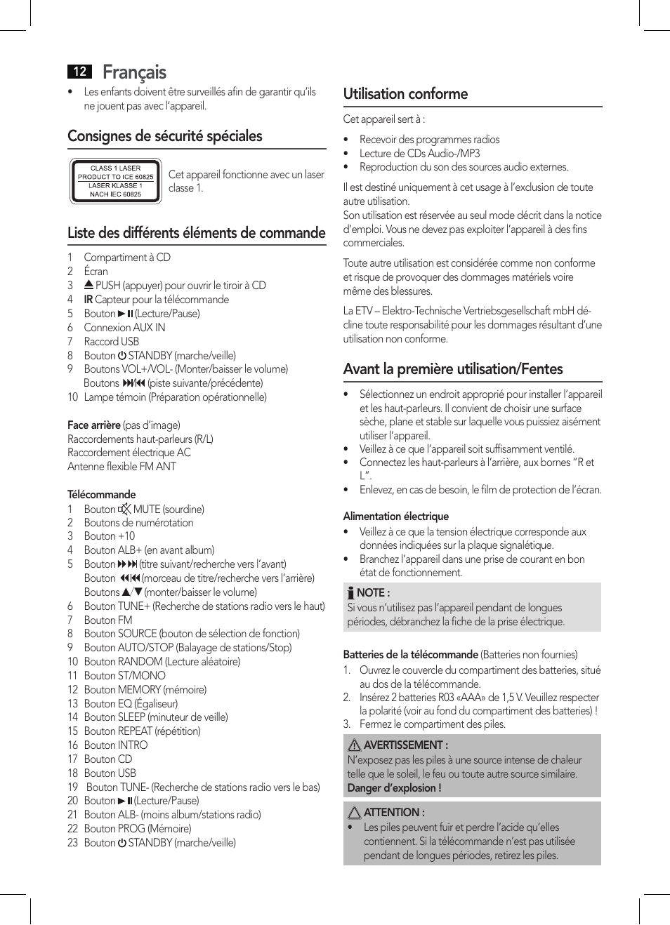 Français, Consignes de sécurité spéciales, Liste des différents éléments de commande | Utilisation conforme, Avant la première utilisation/fentes | AEG MC 4463 CD User Manual | Page 12 / 38