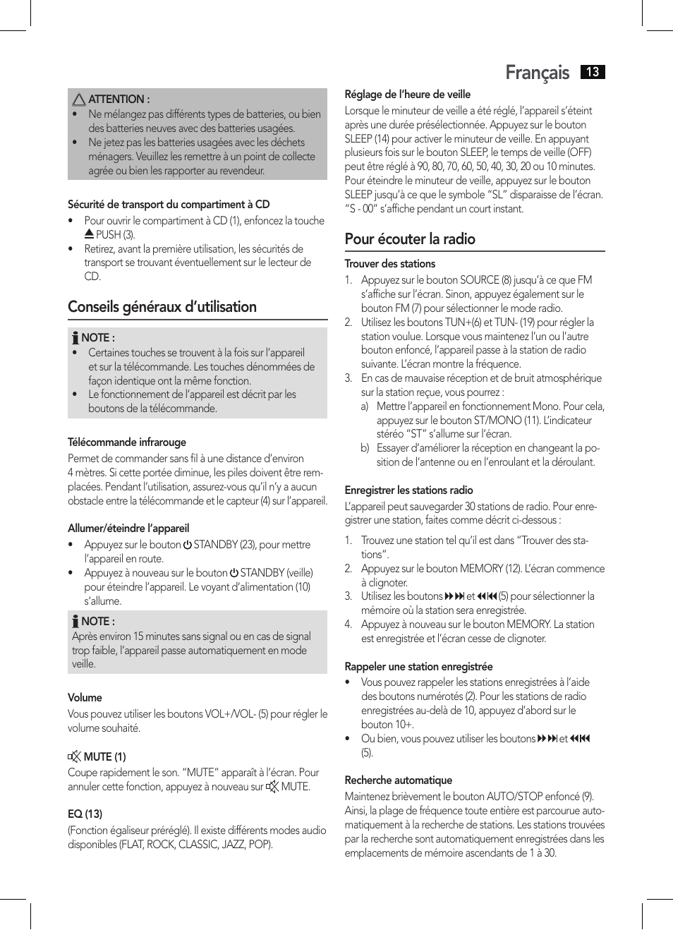 Français, Conseils généraux d’utilisation, Pour écouter la radio | AEG MC 4463 CD User Manual | Page 13 / 38