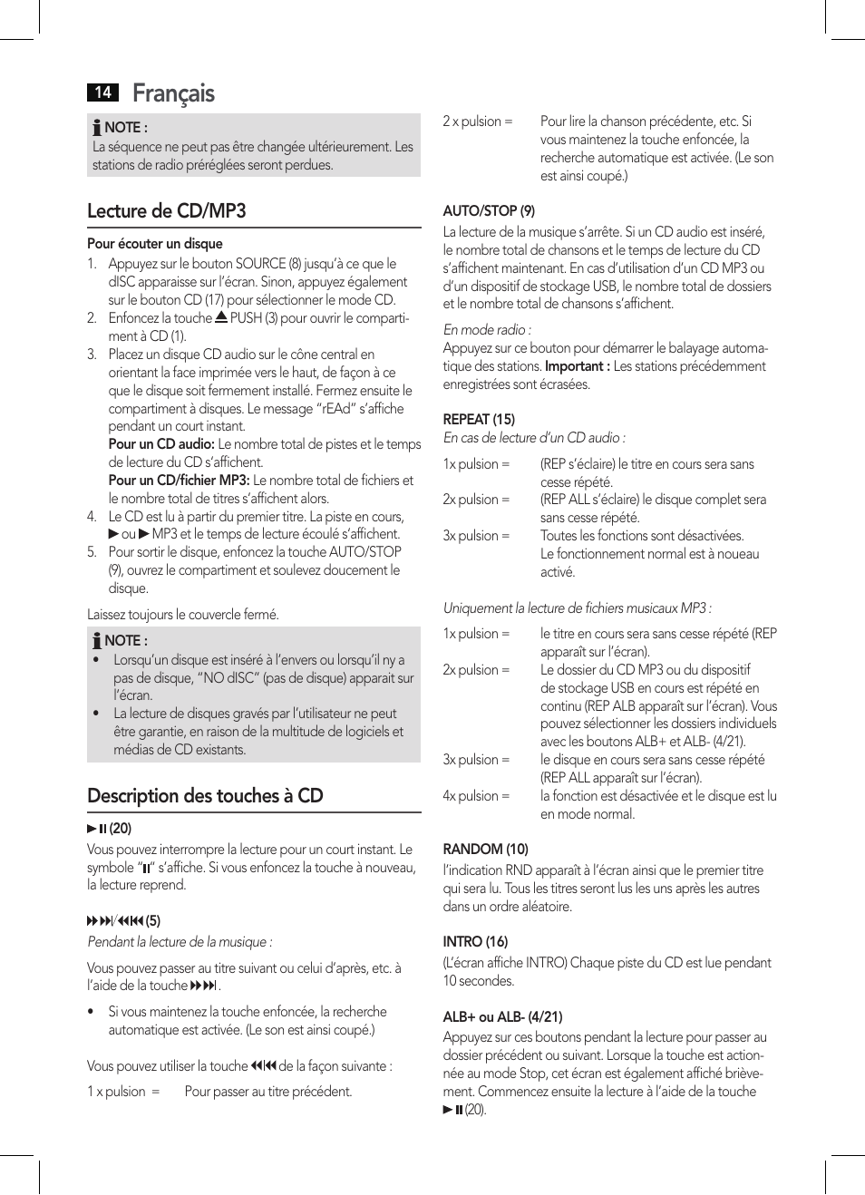 Français, Lecture de cd/mp3, Description des touches à cd | AEG MC 4463 CD User Manual | Page 14 / 38