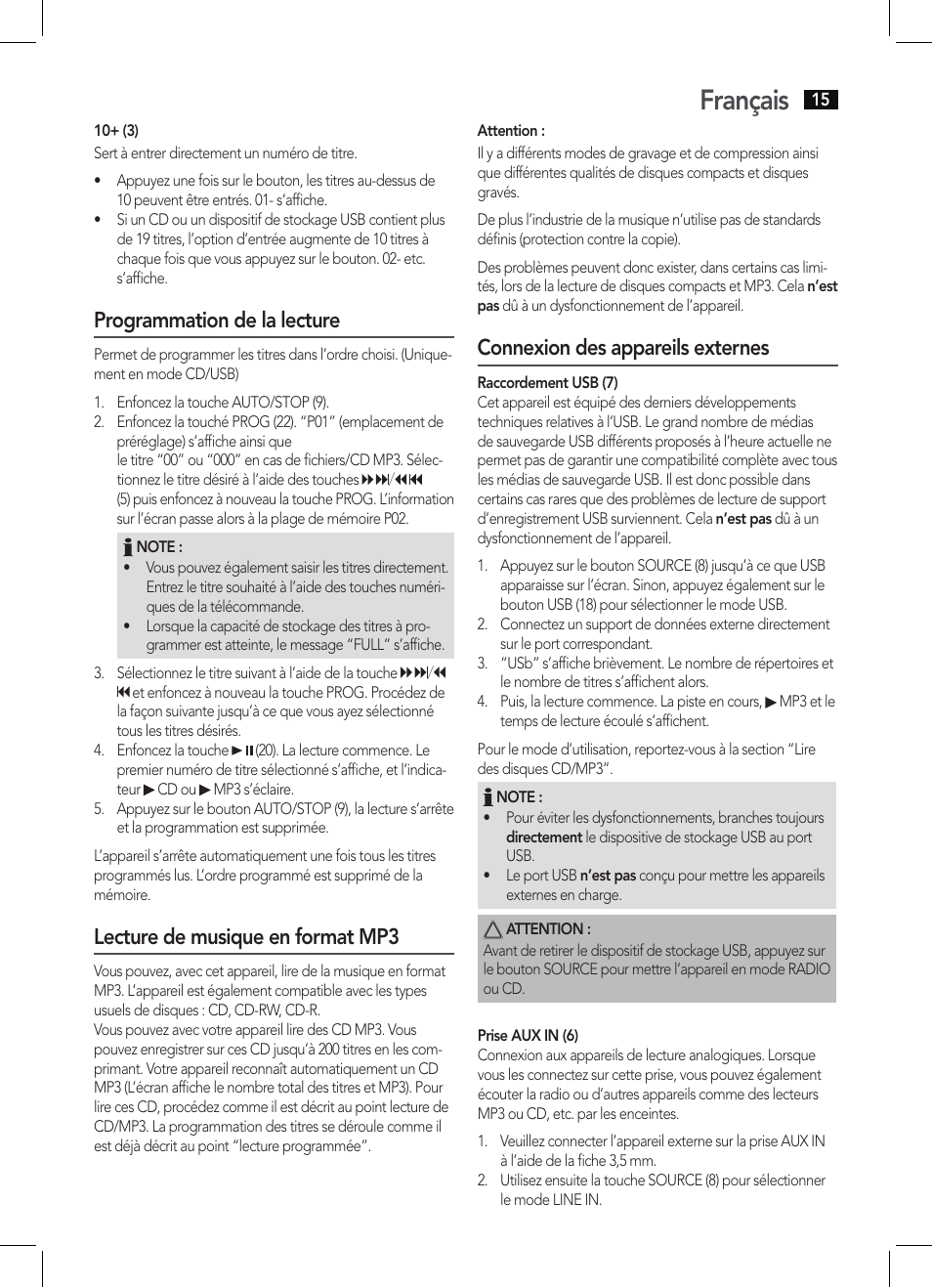 Français, Programmation de la lecture, Lecture de musique en format mp3 | Connexion des appareils externes | AEG MC 4463 CD User Manual | Page 15 / 38