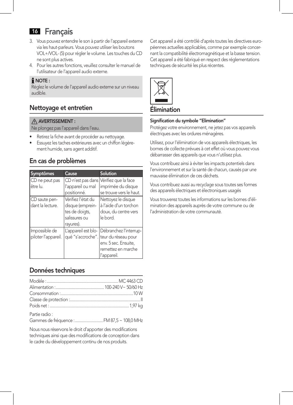 Français, Nettoyage et entretien, En cas de problèmes | Données techniques, Élimination | AEG MC 4463 CD User Manual | Page 16 / 38