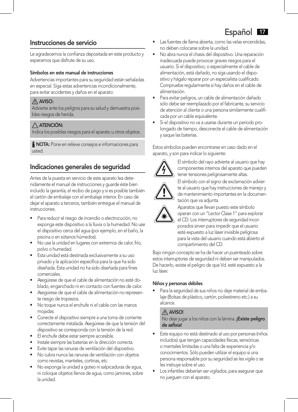 Español, Instrucciones de servicio, Indicaciones generales de seguridad | AEG MC 4463 CD User Manual | Page 17 / 38