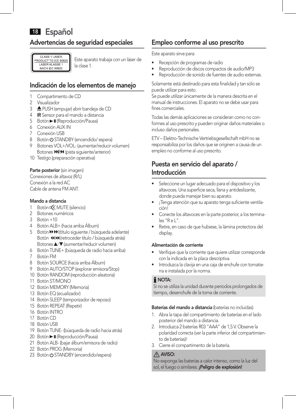 Español, Advertencias de seguridad especiales, Indicación de los elementos de manejo | Empleo conforme al uso prescrito, Puesta en servicio del aparato / introducción | AEG MC 4463 CD User Manual | Page 18 / 38