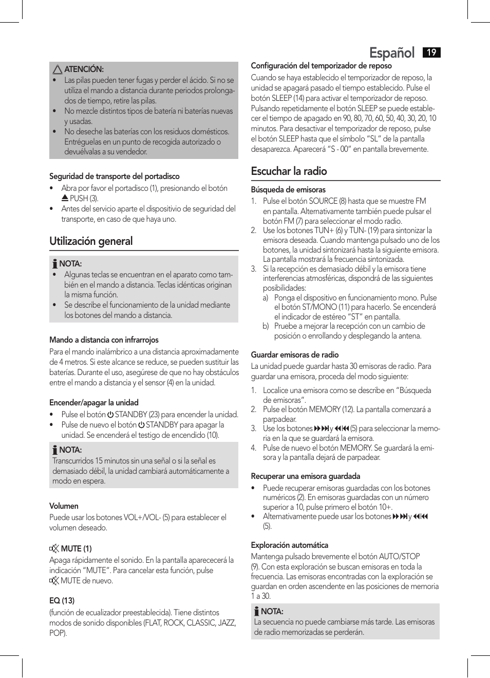 Español, Utilización general, Escuchar la radio | AEG MC 4463 CD User Manual | Page 19 / 38