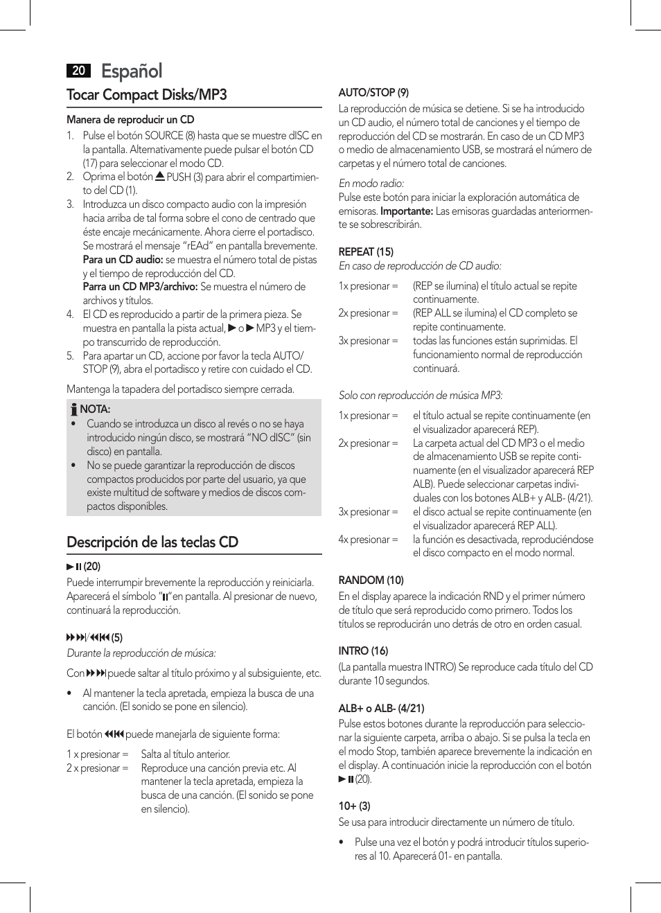 Español, Tocar compact disks/mp3, Descripción de las teclas cd | AEG MC 4463 CD User Manual | Page 20 / 38