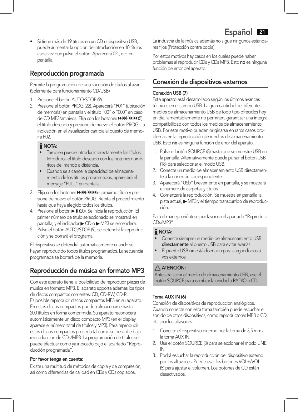 Español, Reproducción programada, Reproducción de música en formato mp3 | Conexión de dispositivos externos | AEG MC 4463 CD User Manual | Page 21 / 38