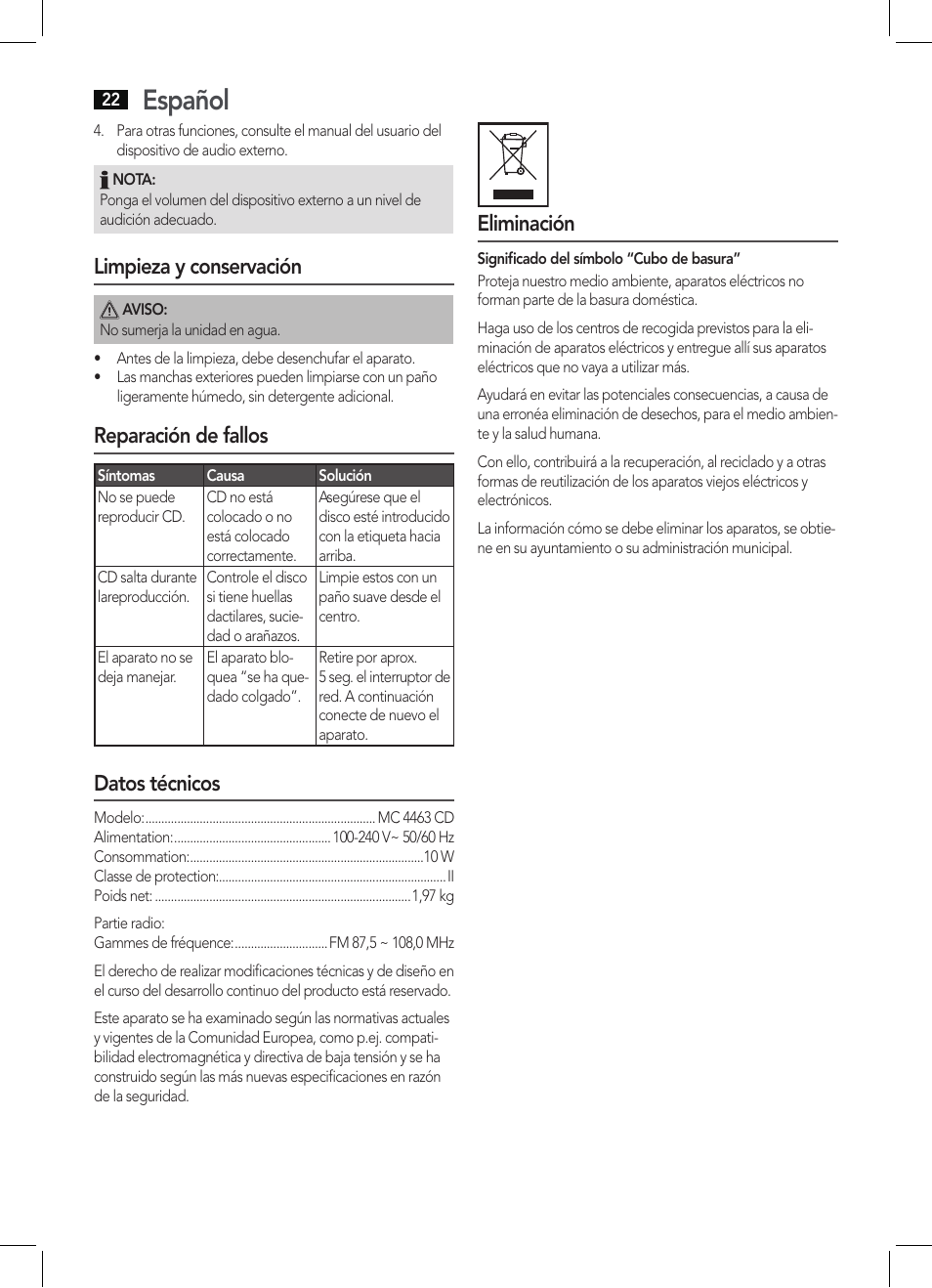 Español, Limpieza y conservación, Reparación de fallos | Datos técnicos, Eliminación | AEG MC 4463 CD User Manual | Page 22 / 38